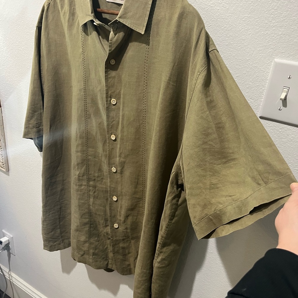 CARIBBEAN 100% LINEN MEN’S GREEN KHAKI BUTTON DOWN SHORT SLEEVE SHIRT SIZE XL - Picture 6 of 10